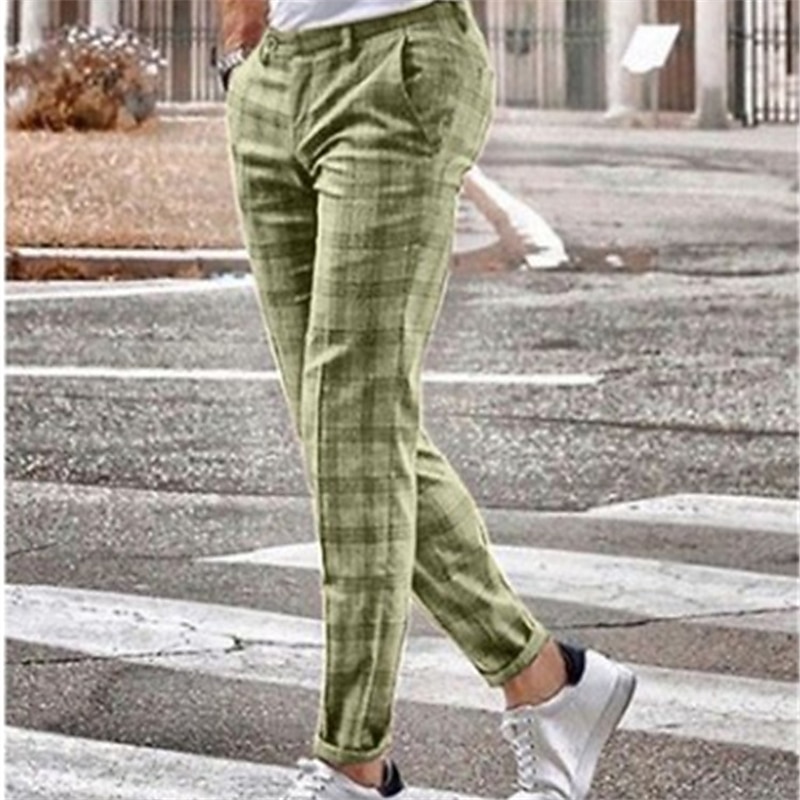 Men's Trousers Chinos Jogger Pants Plaid Dress Pants Pocket Straight Leg Plaid Comfort Breathable Casual Daily Streetwear Sports Fashion Yellow Blue Micro-elastic4