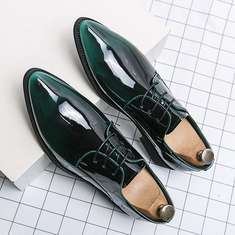 Men's Green Gradient Patent Leather Oxford Dress Shoes, Shiny Lace - Up Formal Shoes for Weddings Business Events3
