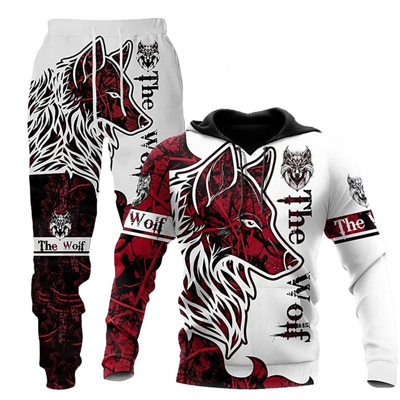Men's Graphic Animal Wolf 2pcs 3D Sweatshirt Sets Tracksuit Hoodies Long Sleeve Long pants Hooded Streetwear Designer Basic Sports & Outdoor Casual Sports Print Spring Fall Red