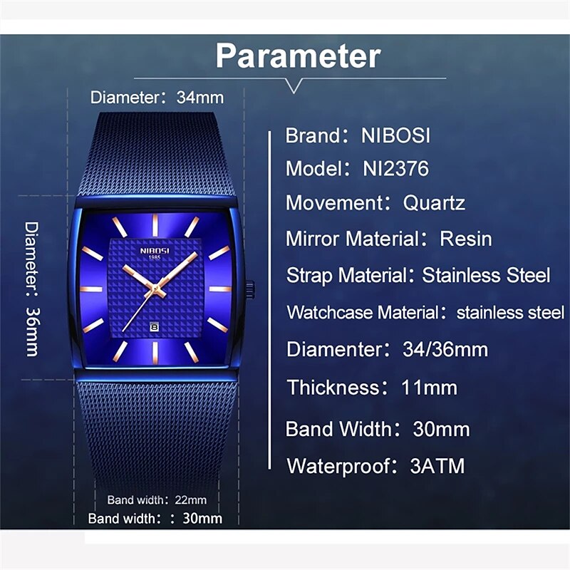 NIBOSI Blue Square Mens Watches Top Brand Luxury Quartz Watch Men Slim Waterproof Male Wristwatch Men Relogio Masculino 23762
