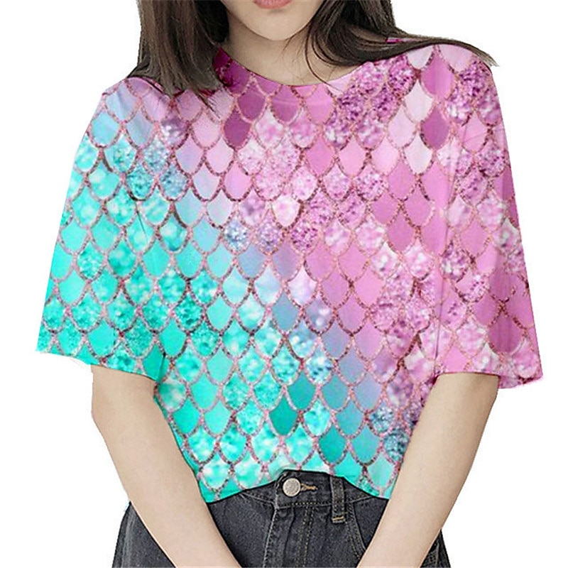 Girls' 3D Mermaid T shirt Short Sleeve 3D Print Summer Spring Active Fashion Cute Polyester Kids 3-12 Years Outdoor Daily Regular Fit