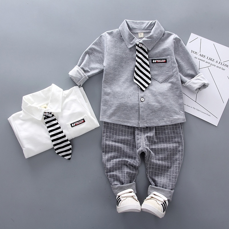2 Pieces Ring Bearer Suit Boys Kids Shirt & Pants Clothing Set Outdoor Vacation Casual Fashion Casual Plaid Stripe White Gray Cotton