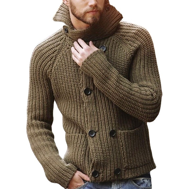 Men's Sweater Cardigan Sweater Turtleneck Sweater Crochet Knit Button Knitted Solid Color Stand Collar Basic Casual Daily Holiday Clothing Apparel Winter Fall Khaki S M L2
