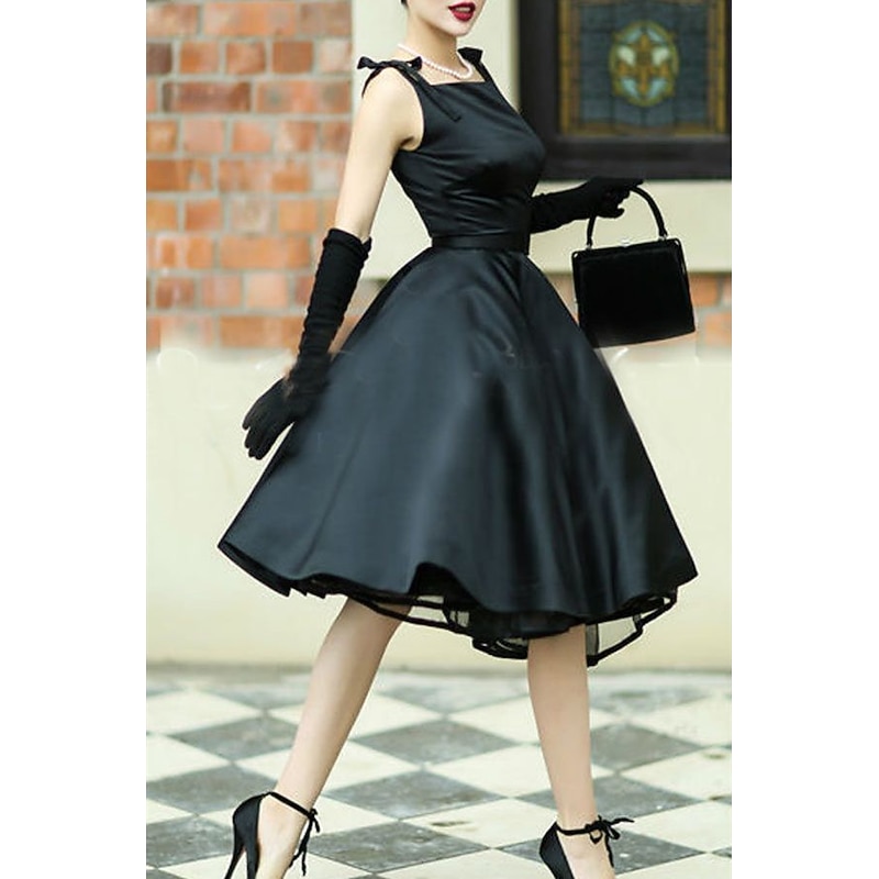 A-Line Cocktail Dresses Vintage Dress Wedding Guest Graduation Tea Length Sleeveless Square Neck Satin with Sash / Ribbon Bow(s) Pure Color Dresses