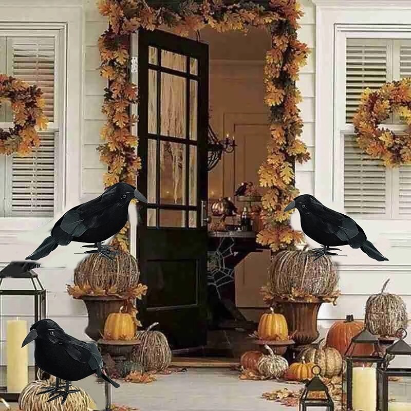 Halloween black crow props simulation flocking crow party supplies ornament decoration2