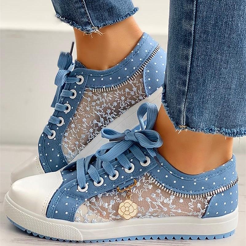 Charming Blue Lace-Up Sneakers with Floral Lace Detail - Stylish Women's Footwear with Polka Dot Accents, Perfect for Casual Outings