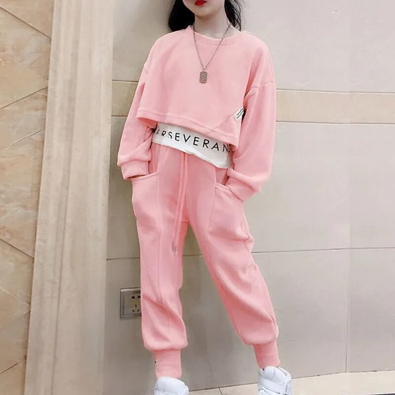 Kids Girls' Sweatshirt & Pants 2 Pieces Clothing Set Long Sleeve Gray Purple Pink Solid Color Sports Vacation Fashion Comfort 3-12 Years4