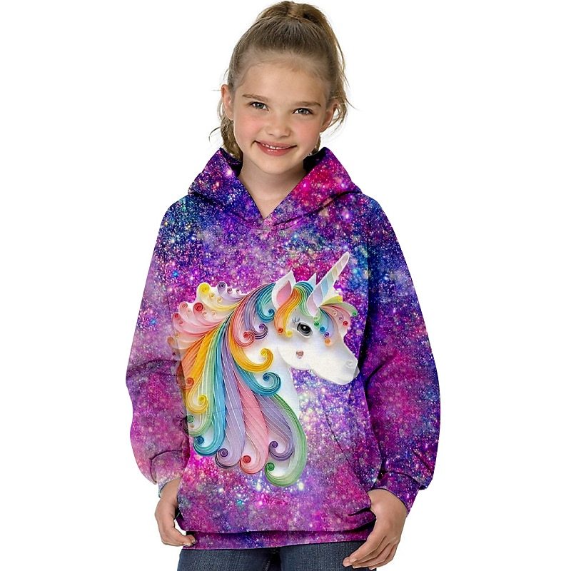 Kids Girls' Hoodie Long Sleeve 3D Print Unicorn Animal Pocket Purple Children Tops Fall Winter Fashion Streetwear Adorable Daily Indoor Outdoor Regular Fit 3-13 Years