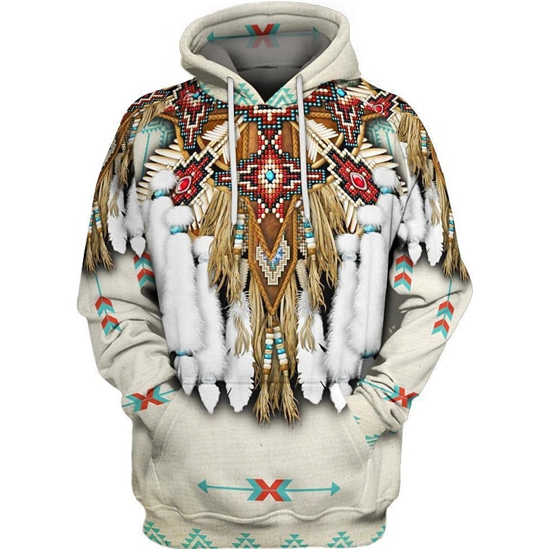 Men's Tribal Graphic Prints Hoodie Hoodies Sweatshirt Streetwear Basic Long Sleeve Hooded Sports & Outdoor Daily Sports White Brown Print Spring &  Fall Designer