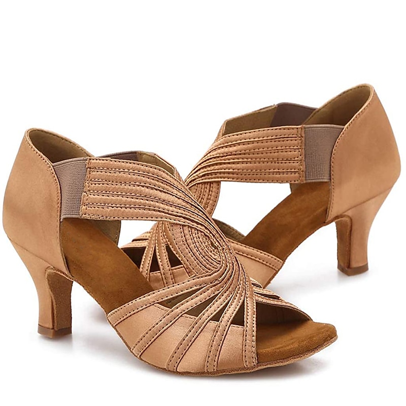 Women's Tan Strappy Latin Dance Shoes – Peep-Toe High Heel Ballroom Sandals with Elastic Straps for Salsa, Tango & Performance