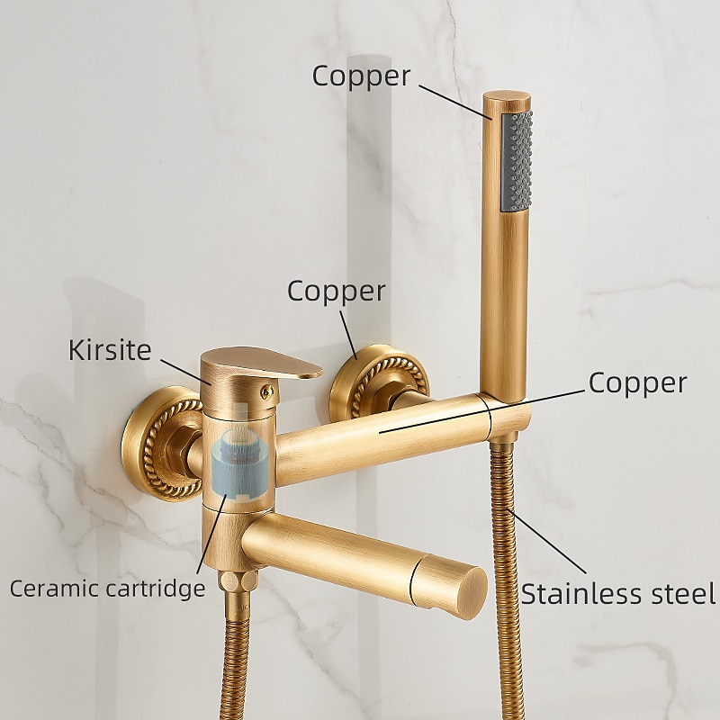 Vintage Bathtub Faucet Dual Spout Wall Mounted Golden, Bath Tub Filler Mixer Brass Tap with Heldhand Showerhand, Ceramic Valve Single Handle Control3
