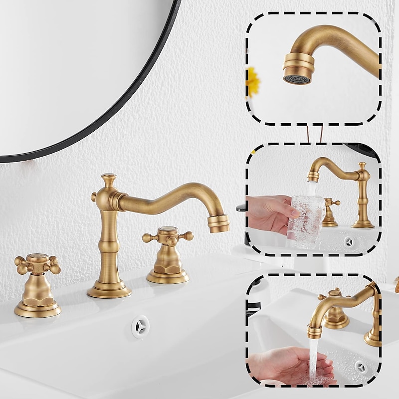 Bathroom Sink Faucet,Widespread Two Handle Three Holes, Brass Bath Taps, Brass Bathroom Sink Faucet Contain with Cold and Hot Water2