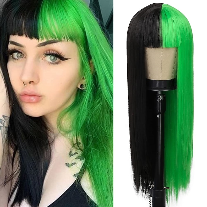 Kaneles Half Black Half Green Wig Long Straight Hair with Bangs Cosplay Natural Wavy Wig for Girls Cosplay Party Show Halloween Wigs