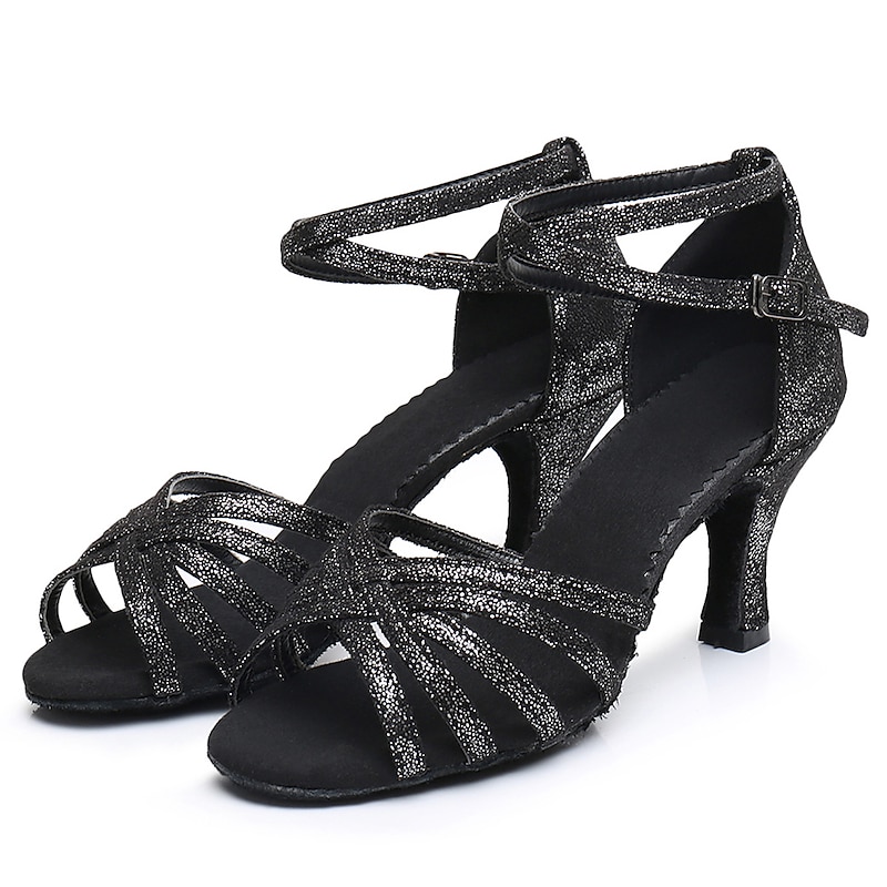 Women's Black Glitter Latin Dance Shoes – Strappy Open-Toe Ballroom Heels with Ankle Strap and Comfortable Suede Sole, Perfect for Salsa, Latin, and Tango Dancing3