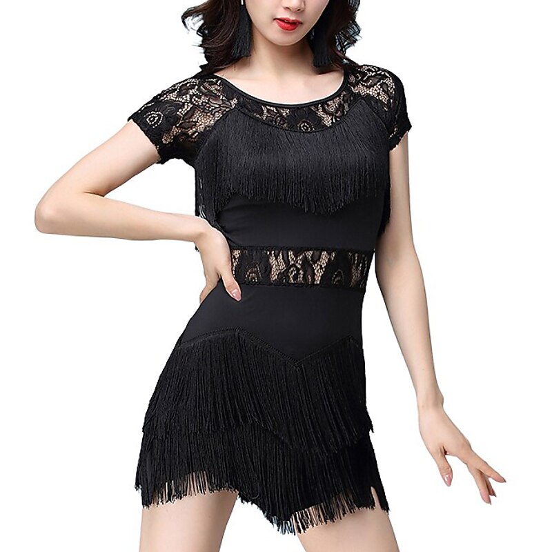 Latin Dance Dress Lace Fringed Tassel Women's Training Performance Short Sleeve Natural Lace Milk Fiber