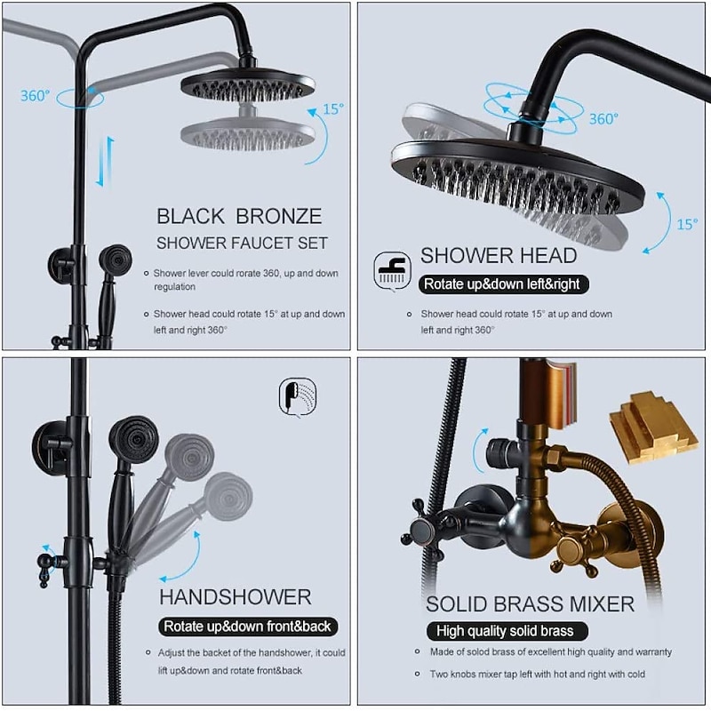 Shower Faucet,Copper Shower System Set Rainfall Antique Oil-rubbed Bronze Two Handles Three Holes Bath Shower Mixer Taps with Hot and Cold Switch and Ceramic Valve2
