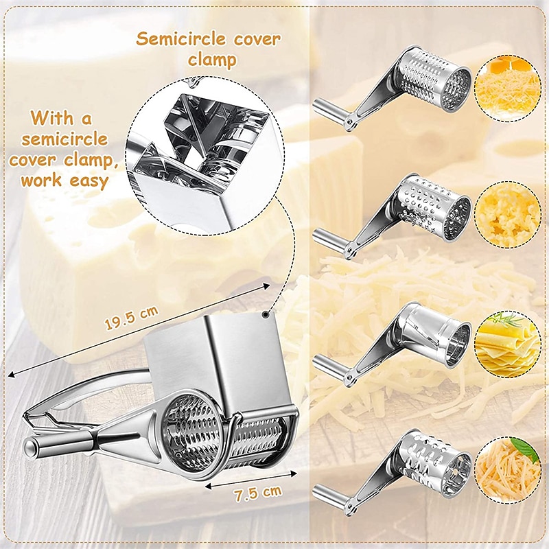 1/2/3/4 Drums Blades Rotary Cheese Grater Cheese Cutter Slicer Stainless Steel Cheese Shredder Butter Nut Cutter Manual Spin Multifunctional Cheese Grinder  Kitchen Gadgets4