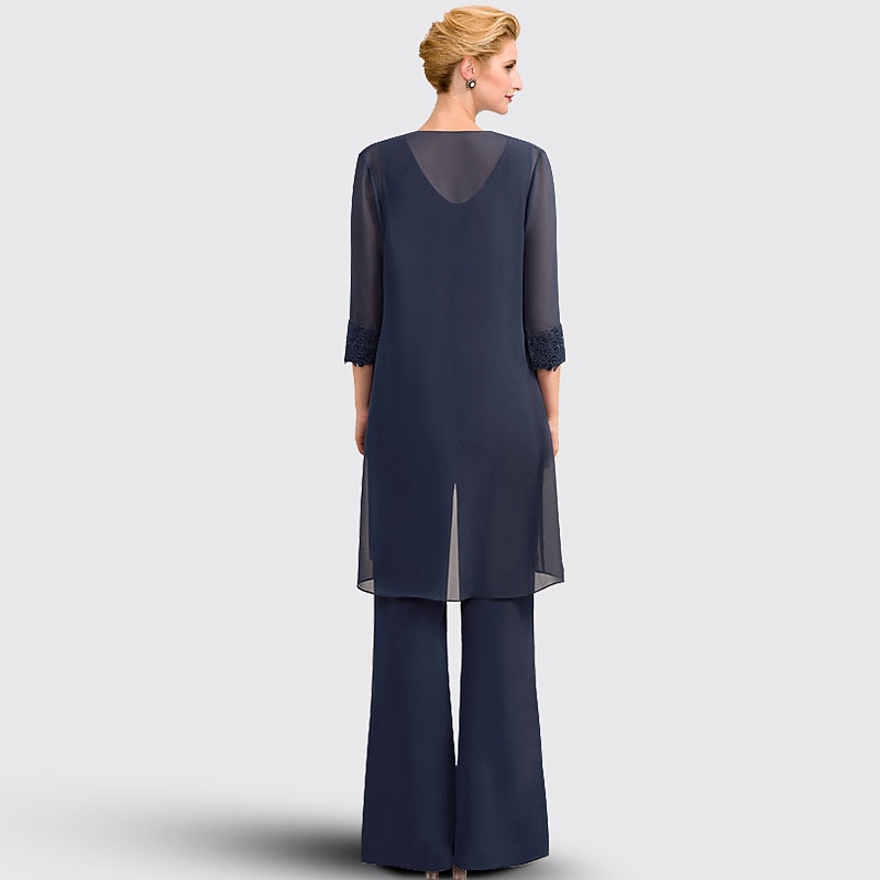 Pantsuit 3 Piece Mother of the Bride  Formal Wedding Guest Elegant Plus Size Jewel Neck Floor Length Chiffon Lace Sleeveless with Appliques2