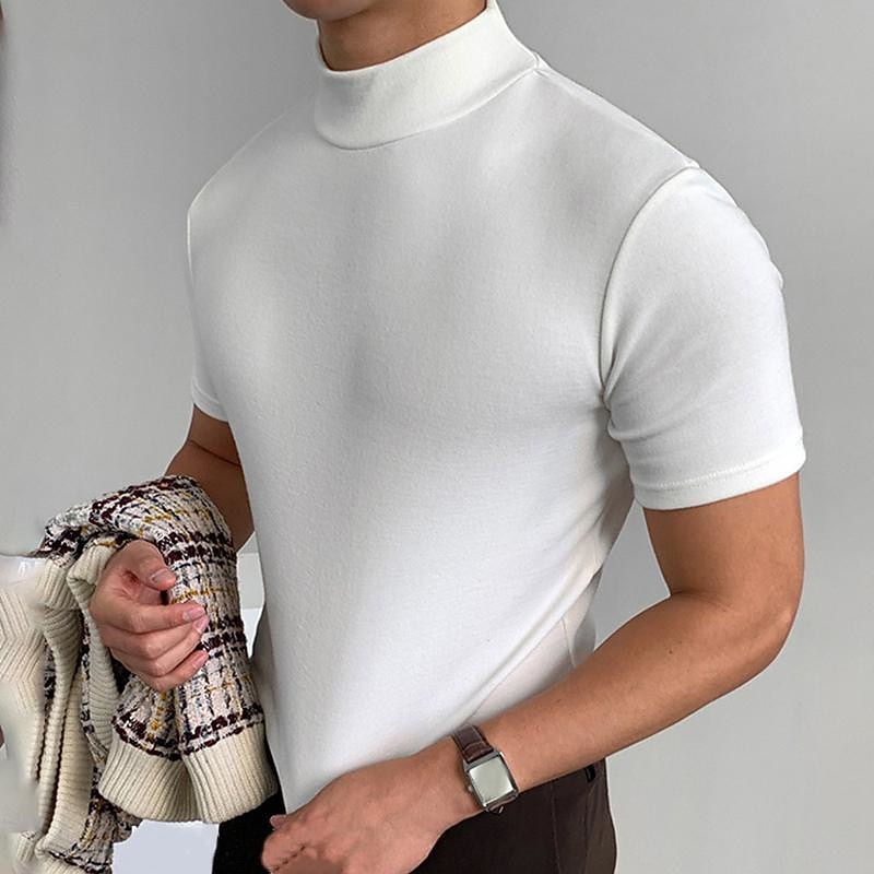 Men's T Shirt Turtleneck shirt Short Sleeve Stand Collar Summer Spring Plain Fashion Casual Comfortable Vacation Street Holiday Black White Red Top Tee for Men2