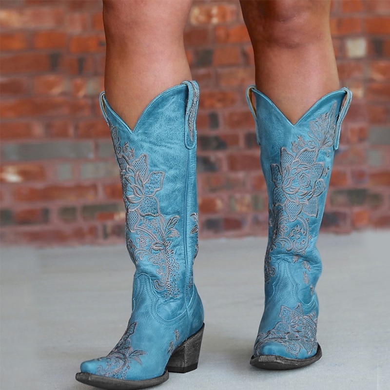 Turquoise Women's Western Cowboy Boots with Intricate Floral Embroidery for Stylish and Casual Wear