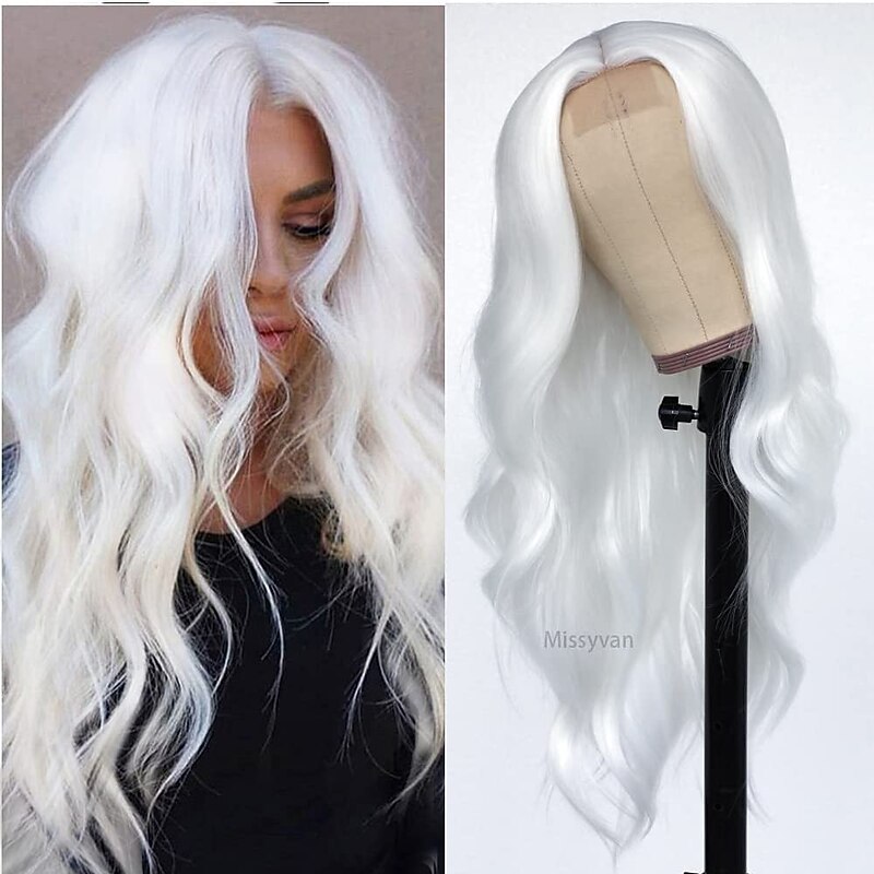 Long Loose Wave Hair White Color Wigs Glueless Heat Resistant Fiber Hair Synthetic Wigs for Fashion Women Natural Hair Line Christmas Party Wigs