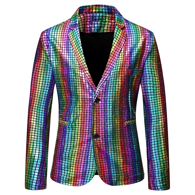 Men's Jacket Blazer Party Evening Wear Bar Party Favor Vintage Skinny Polyester Stripes and Plaid Glitter Windproof Single Breasted Blazer Silver Gold Rainbow