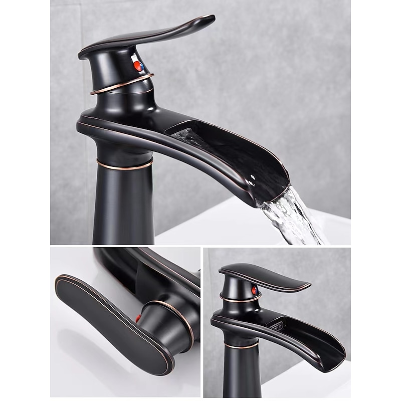 Bathroom Sink Faucet,Brass Waterfall Single Handle Two Holes Bath Taps(Tall or Short Body)2