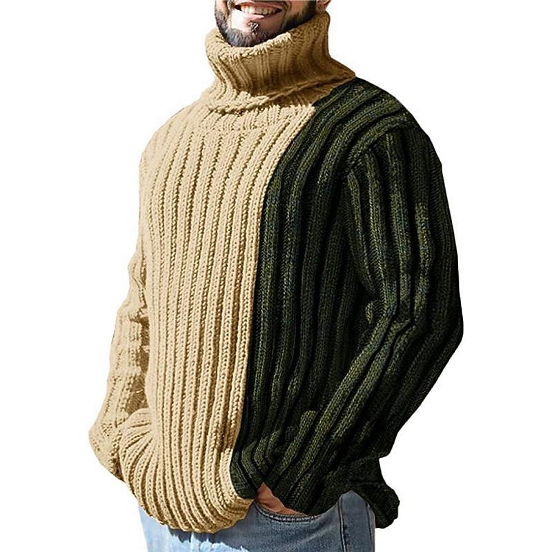 Men's Turtleneck Sweater Sweater Pullover Sweater Jumper Ribbed Cable Knit Cropped Knitted Color Block Turtleneck Stylish Basic Outdoor Daily Clothing Apparel Fall Winter Khaki M L XL2