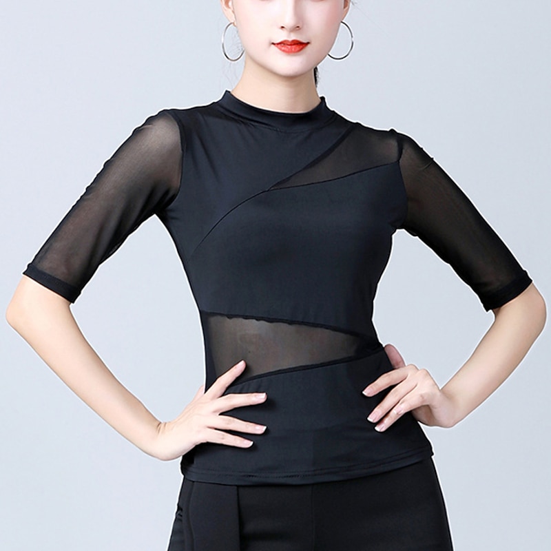 Latin Dance Activewear Top Pure Color Splicing Women's Training Performance Half Sleeve High Nylon
