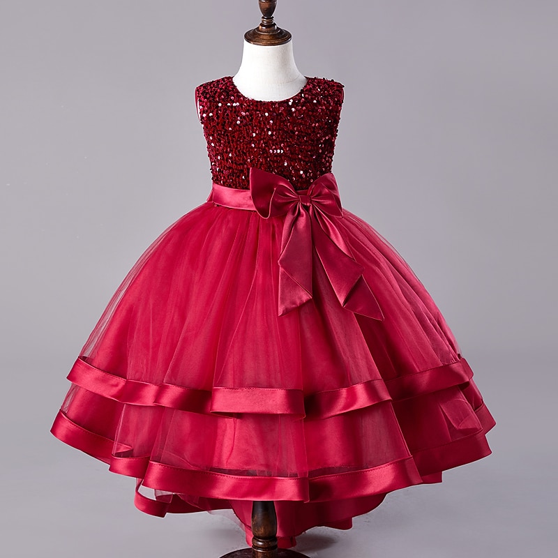 Kids Girls' Dress Sequin Sleeveless Wedding Party Festival Sequins Bow Princess Sweet Cotton Polyester Midi Flower Girl's Dress Summer 4-13 Years Red Green4