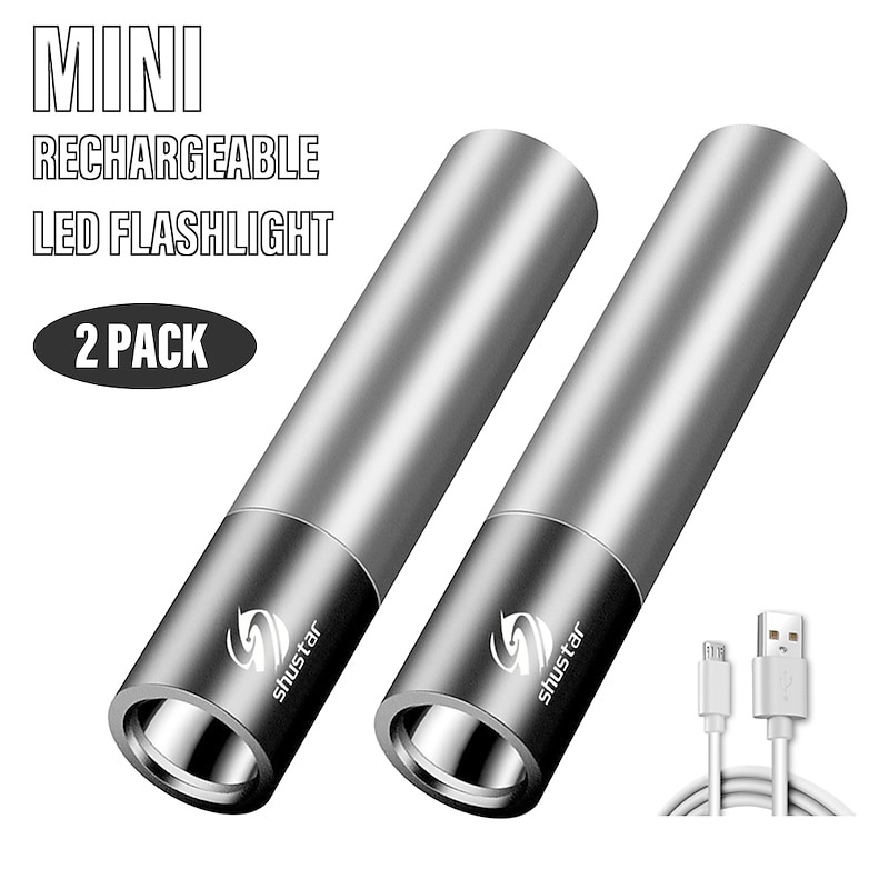 2 Packs Mini LED Flashlight USB Rechargable 3 Lighting Mode Waterproof Torch Telescopic Zoom Stylish Portable Suit for Night Lighting