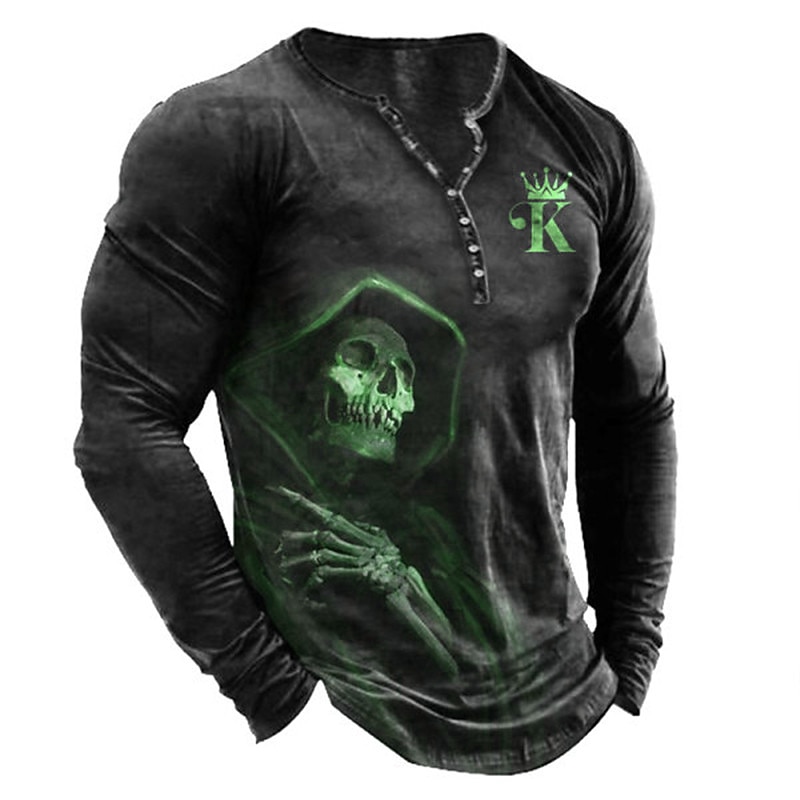Men's T shirt Tee Henley Shirt Tee Graphic Skull Henley Black White Blue Green Gray 3D Print Plus Size Outdoor Daily Long Sleeve Button-Down Print Clothing Apparel Designer Stylish Vintage Basic4