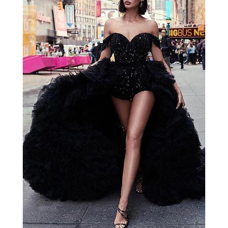 Jumpsuits Evening Gown Sparkle & Shine Dress Masquerade Quinceanera Court Train Short Sleeve Off Shoulder Detachable Sequined with Overskirt Pure Color