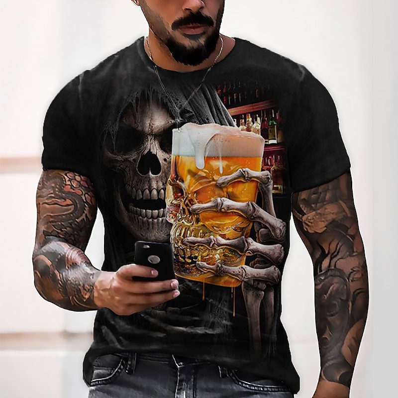 Men's Graphic Skull Beer T Shirt Halloween Shirt Short Sleeve T shirt 3D Print Crew Neck Shirt Vintage Fashion Designer Outdoor Casual Daily Black Summer Clothing Apparel S M L XL 2XL 3XL