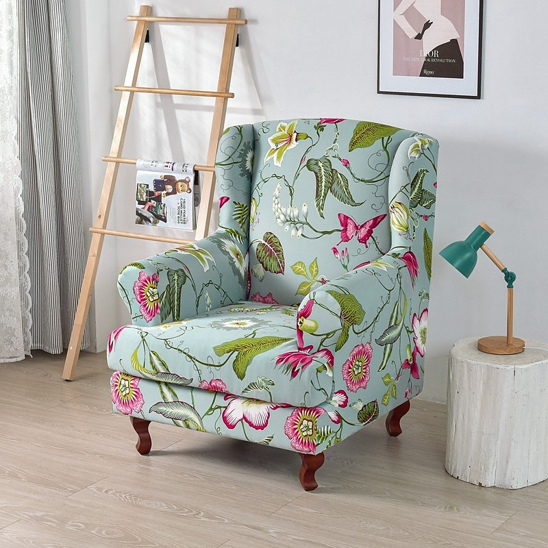 1 Set of 2 Pieces Stretch Wingback Chair Cover Floral Printed Wing Chair Slipcovers Spandex Fabric Wingback Armchair Covers with Elastic Bottom for Living Room Bedroom Decor3