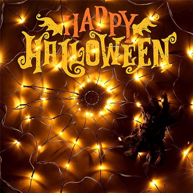 Halloween Spider Web Lights  Diameter 80 LED with Black Spider Waterproof  Net Lights Remote Control 8 Modes Cobweb Halloween Decorations for House Garden Indoor Outdoor Scary Theme2