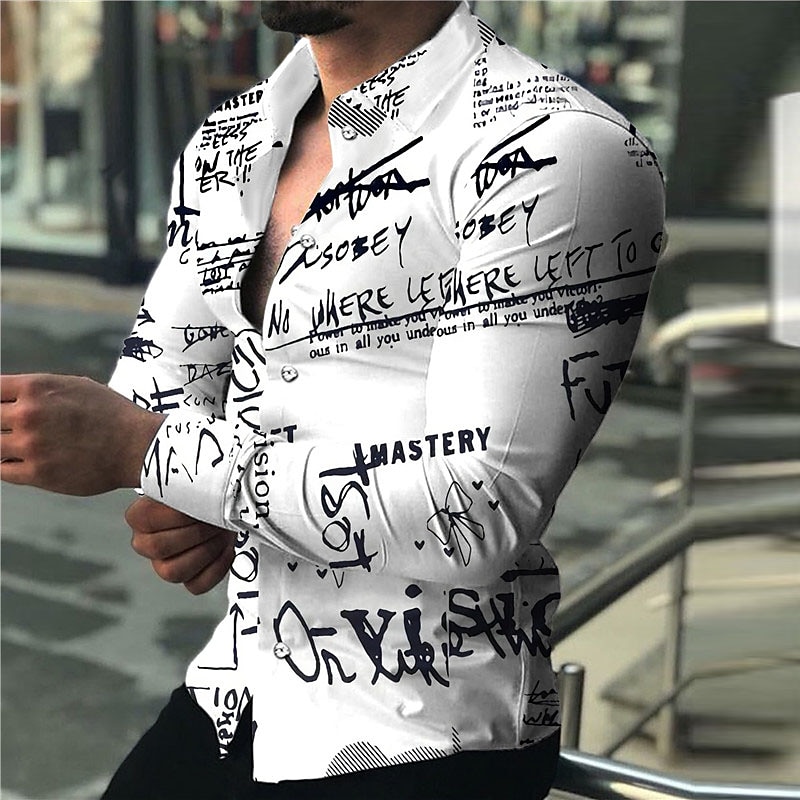 Men's Letter Shirt Button Up Shirt Long Sleeve Fashion Designer Casual Outdoor Casual Holiday Fall & Winter Turndown Print Button-Down White Red Blue Brown Green