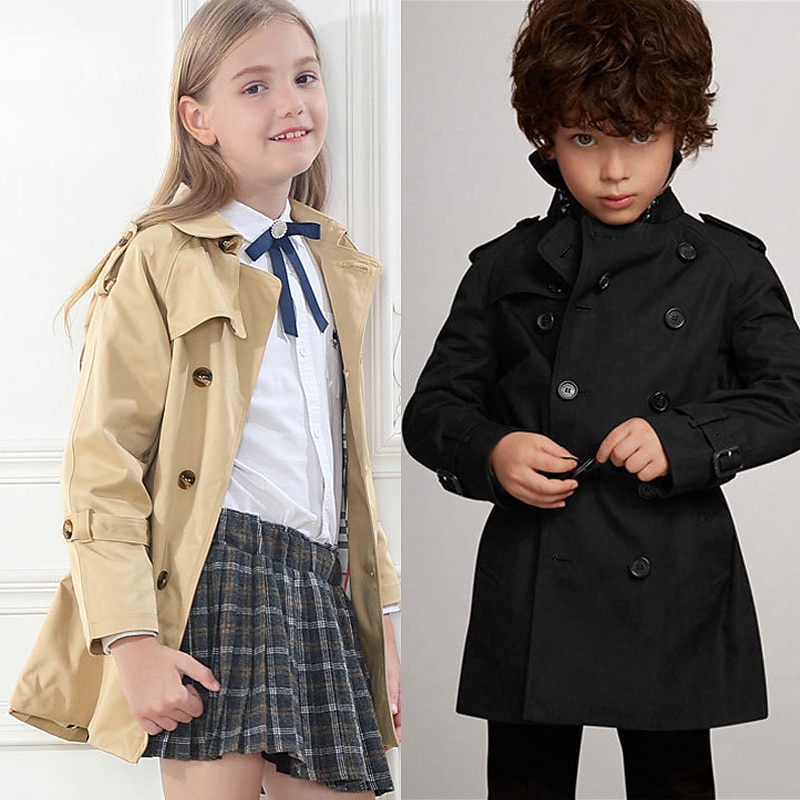 Kids Boy Girl Trench Coat Jacket Long Sleeve Outwear Windproof Pocket Fall Winter Active Daily Casual 2-12 Years Black Khaki Plain