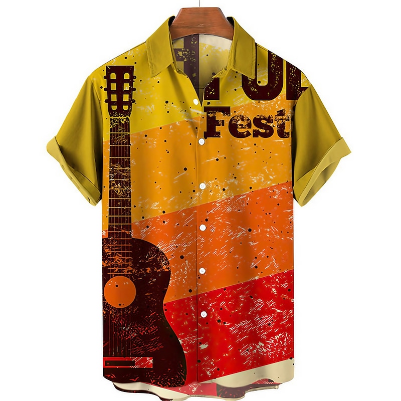Men's Boardmasters Guitar Musical Instrument Shirt Button Up Shirt Short Sleeve Fashion Designer Casual Outdoor Holiday Summer Spring Turndown Print Button-Down White Yellow Navy Blue Dark Green Camel
