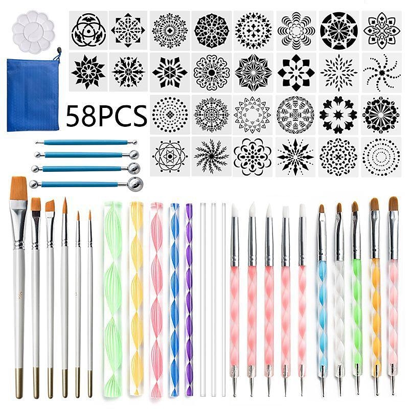 58PCS Mandala Dotting Tools Set with a Blue Zipper Waterproof Storage Bag for Painting Rocks