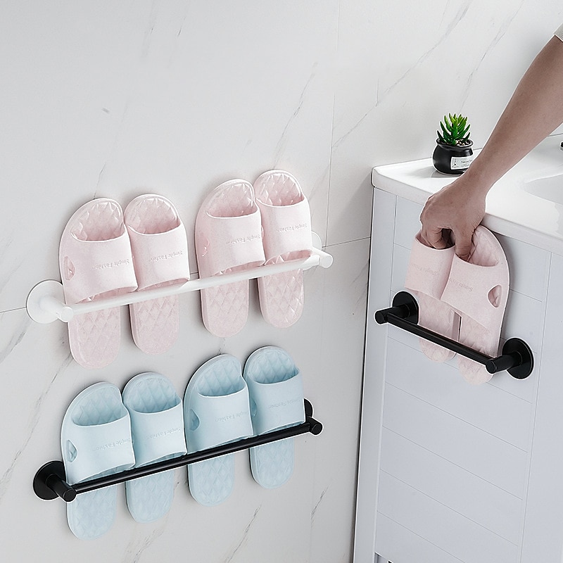 Non Perforated Towel Rack Bathroom Rack Space Aluminum Black Wall Hanging Round Bottom Single Pole Double-Layer Towel Bar3