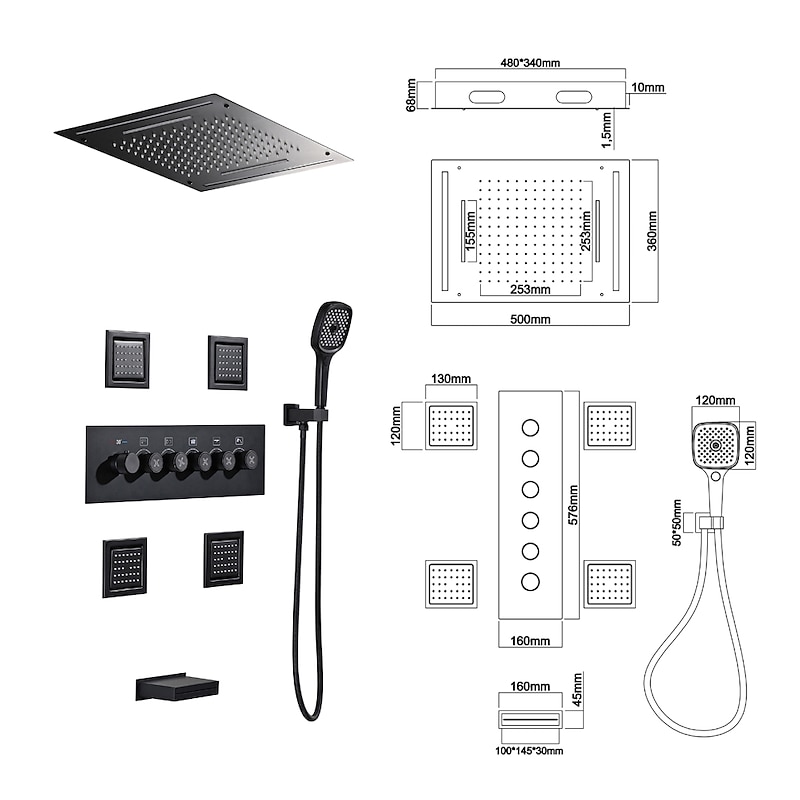 Shower Faucet,Rainfall Shower System Thermostatic Mixer valve Body Jet Massage Set - Rainfall Shower Multi Spray Shower Waterfall Contemporary Painted Finishes Mount Inside Brass Valve2