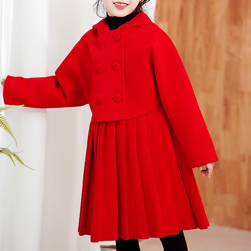 Kids Girls' Dress Solid Colored Long Sleeve Daily Pleated Cute Polyester Above Knee Two Piece Dress Winter 4-13 Years Red4