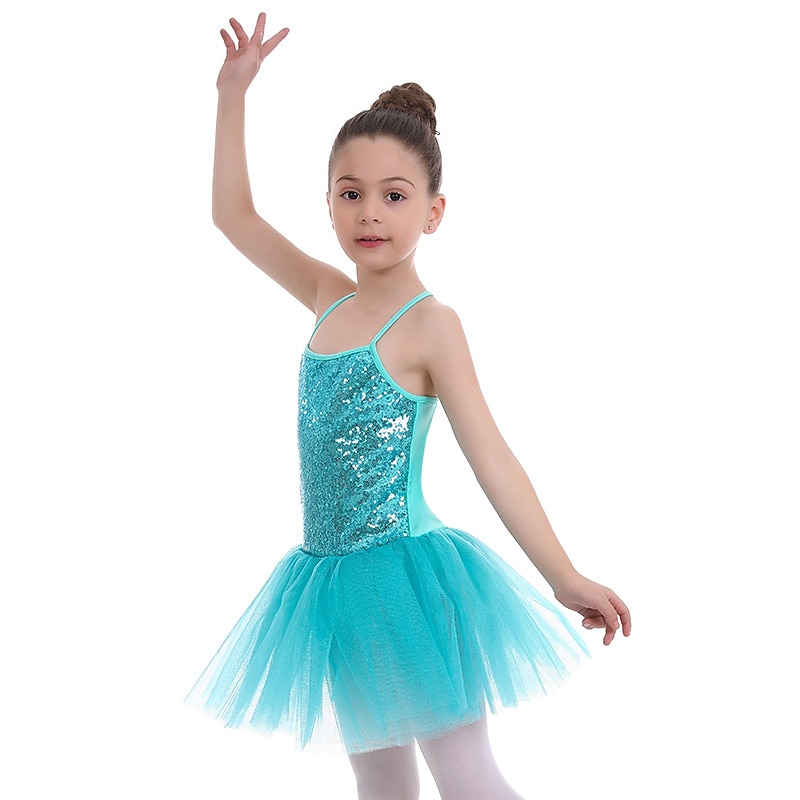 Kids' Dancewear Ballet Dress Pure Color Splicing Tulle Girls' Training Performance Sleeveless High Sequined Polyester3