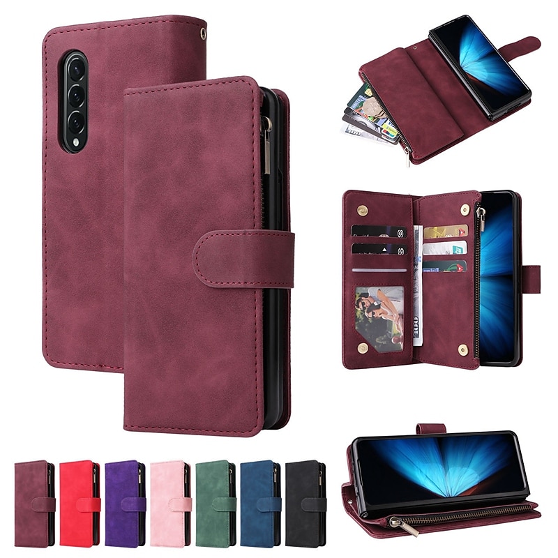 Phone Case For Samsung Galaxy Z Fold 7 Z Fold 6 Z Fold 5 Z Fold 4 Wallet Case Zipper With Card Holder Magnetic Flip Solid Colored PU Leather