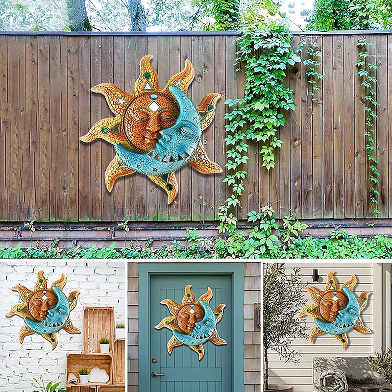 Celestial Metal Golden-sun And Blue Moon Face Wall Art 3D Decorative Indoor Outdoor Plaque Vinyl Ornaments Waterproof Durable Home Hanging Retro Style Decor for Living Room Office Garden Decoration