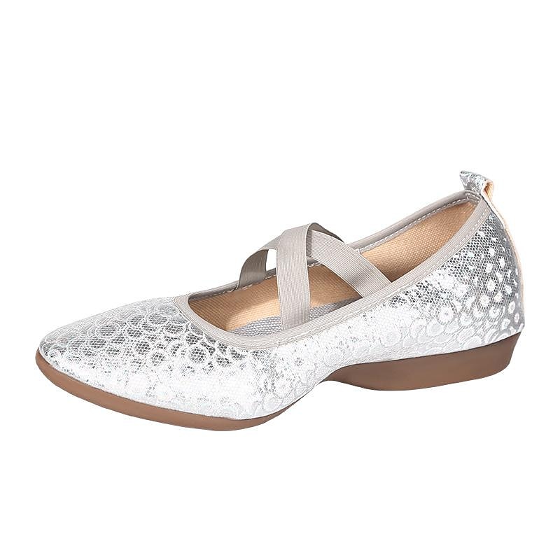 Women's Silver Sequin Dance Shoes with Elastic Cross Straps – Lightweight Flats for Ballet, Jazz, and Modern Dance Performances2