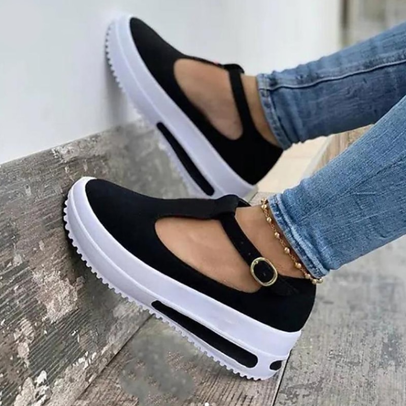 Women's Platform T-Strap Sneakers – Casual Black and White Mary Jane Shoes with Thick Sole for Walking & Everyday Wear