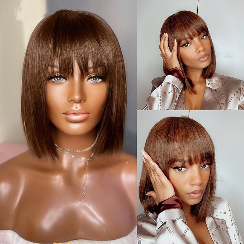 Short Human Hair Wig with Fringe for Women Straight Remy Hair Bob Wigs With Bangs Dark Brown Balayage Highlight Ombre Color2
