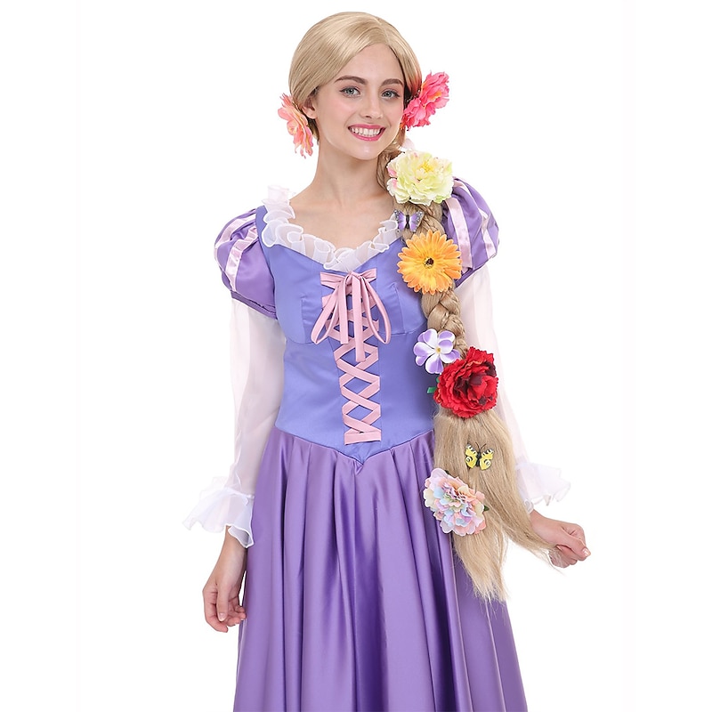 Angelaicos Womens 47 Inch Long Braids Blonde  Rapunzel Wig with 10pcs Flowers Halloween Wigs2